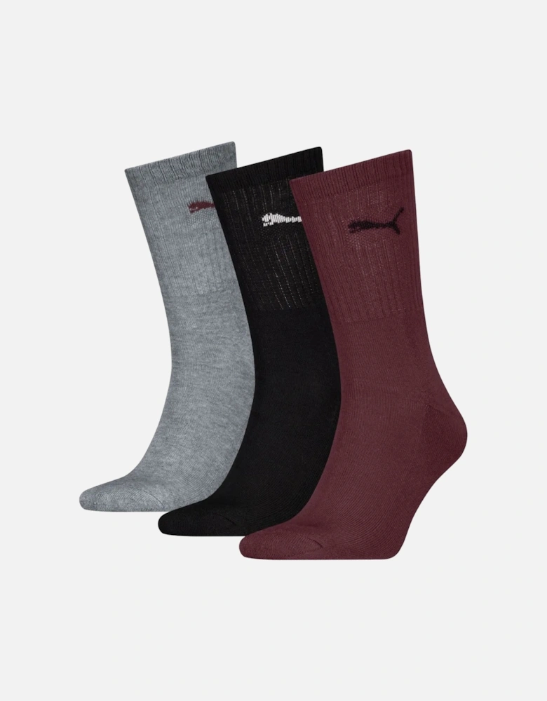 3-Pack Sports Socks, Burgundy/Black/Grey