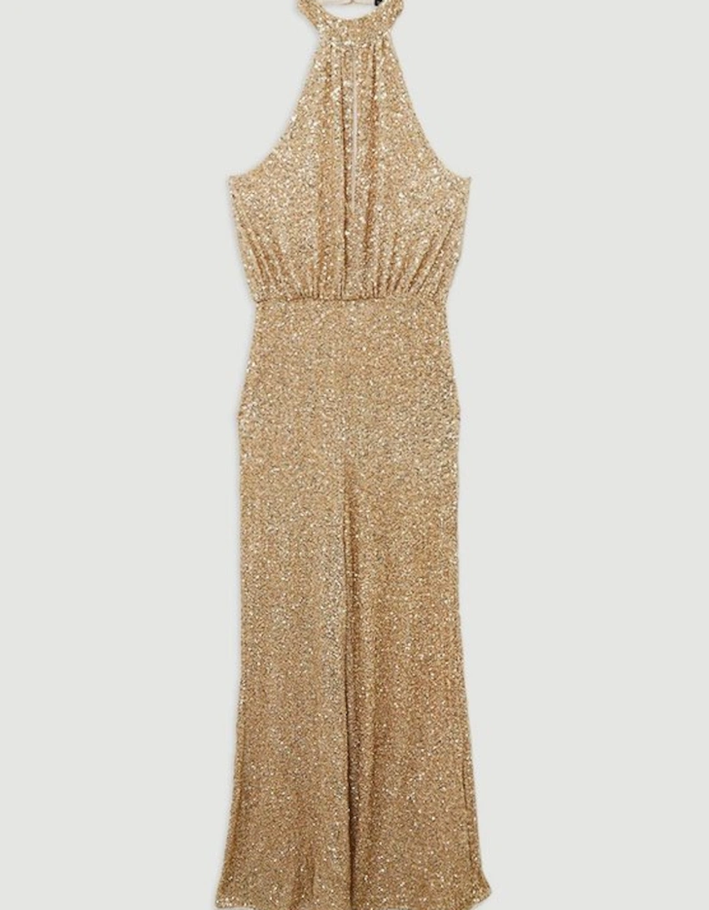 Halter Jersey Stretch Sequin Wide Leg Jumpsuit