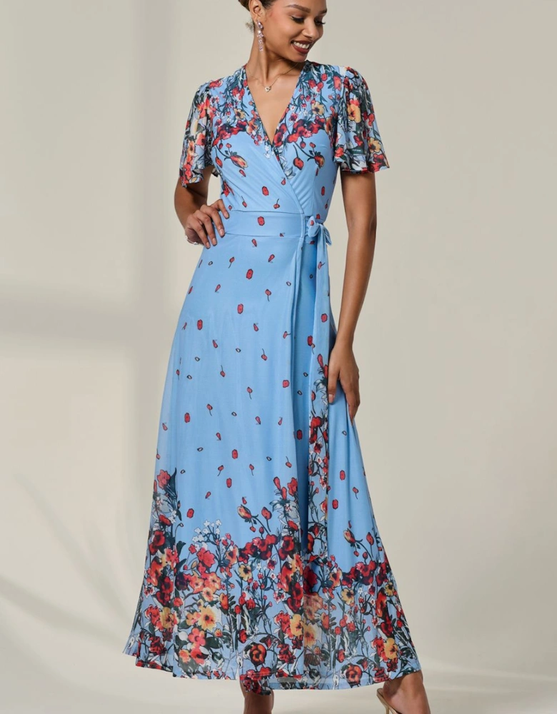 Floral Mirror Mesh Wrap Maxi Dress