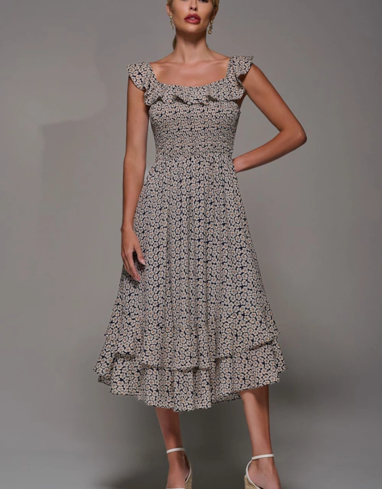 Shirred Ruffle Sleeve Tiered Midi Dress