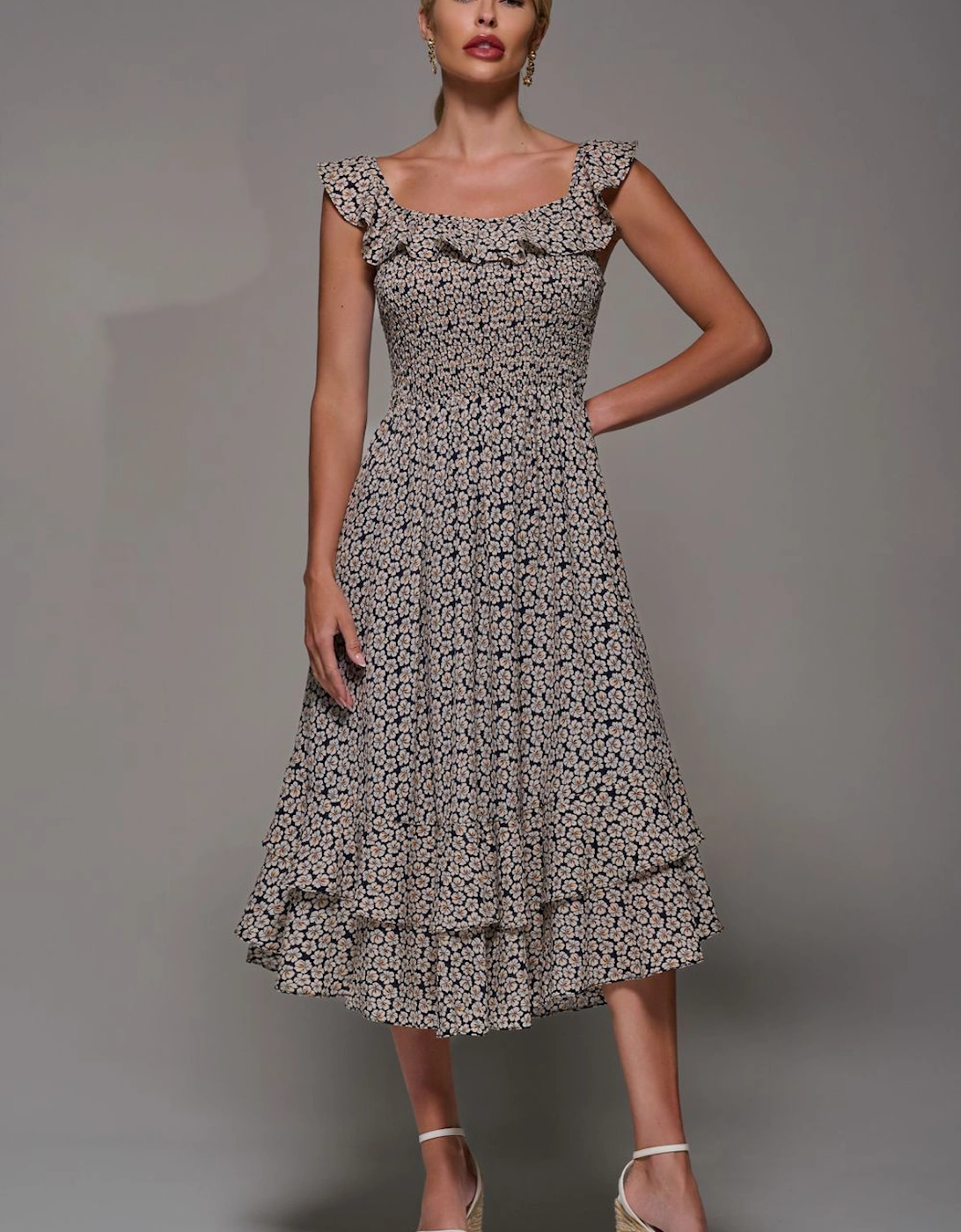 Shirred Ruffle Sleeve Tiered Midi Dress, 2 of 1