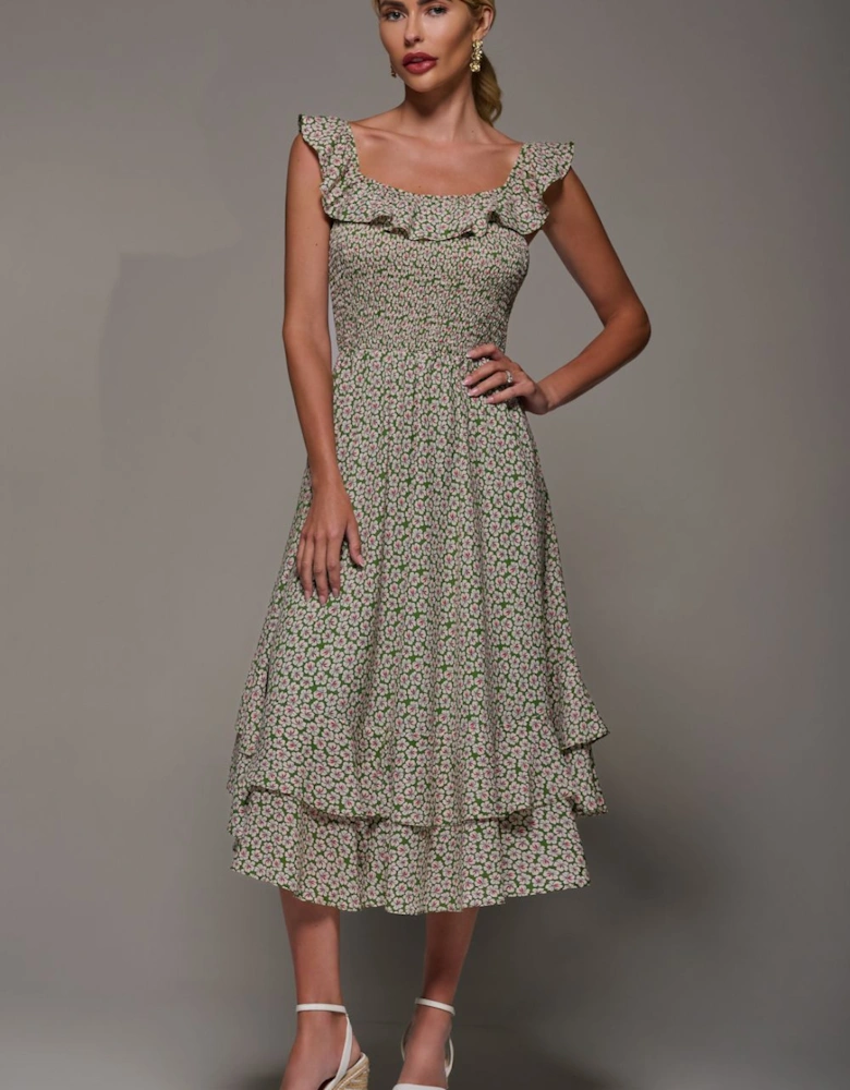 Shirred Ruffle Sleeve Tiered Midi Dress