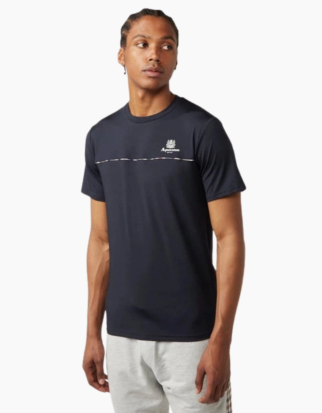Aquascutum Men's Black Active Stretch Piping Navy Blue T-Shirt - Size: 42