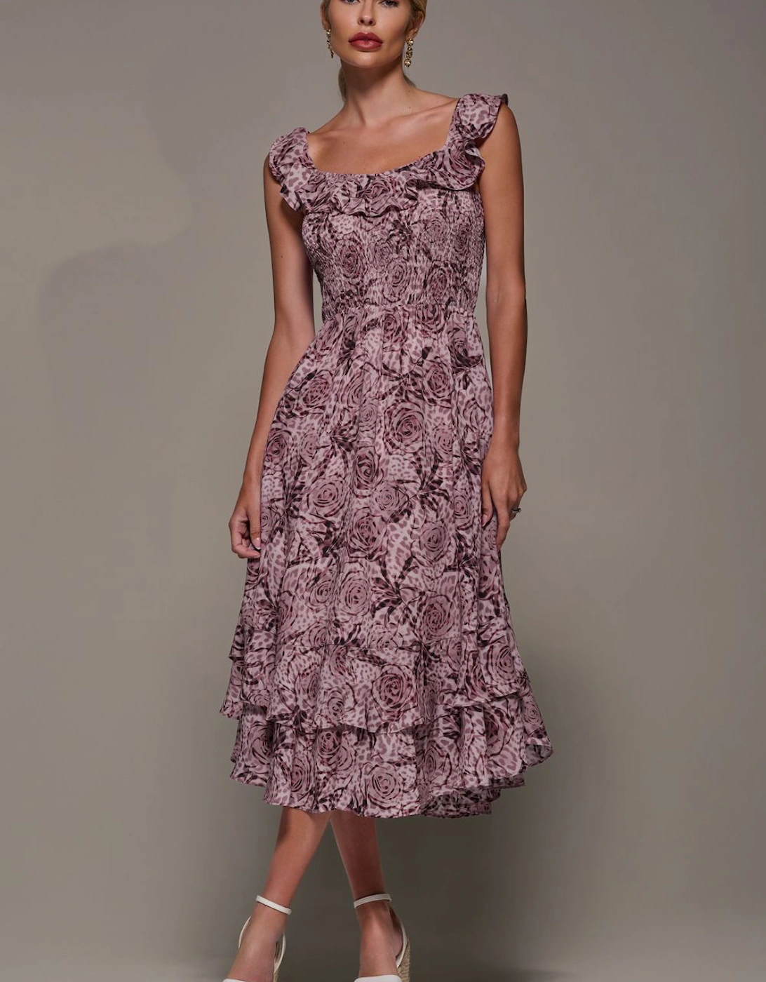 Shirred Ruffle Sleeve Tiered Midi Dress, 2 of 1