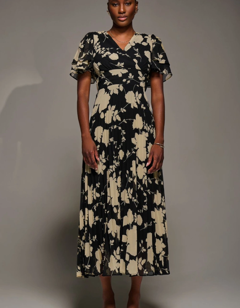 Chiffon Ruffle Sleeve Pleated Maxi Dress