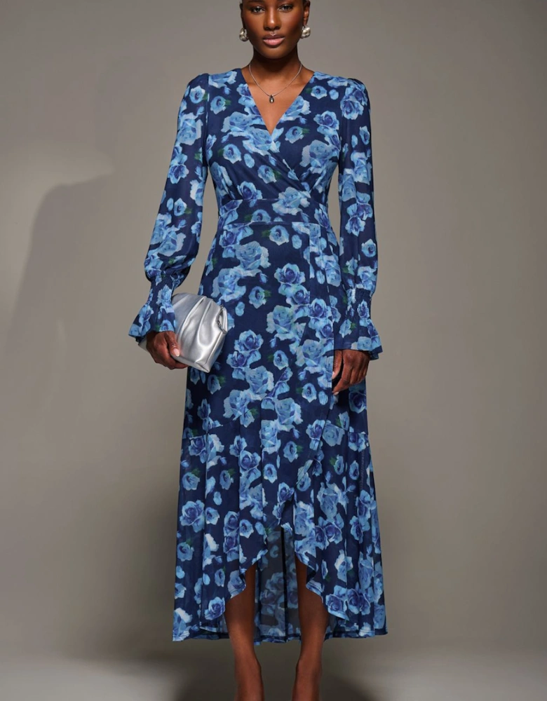 Ruffle Cuffed Sleeve Frill Mesh Maxi Dress