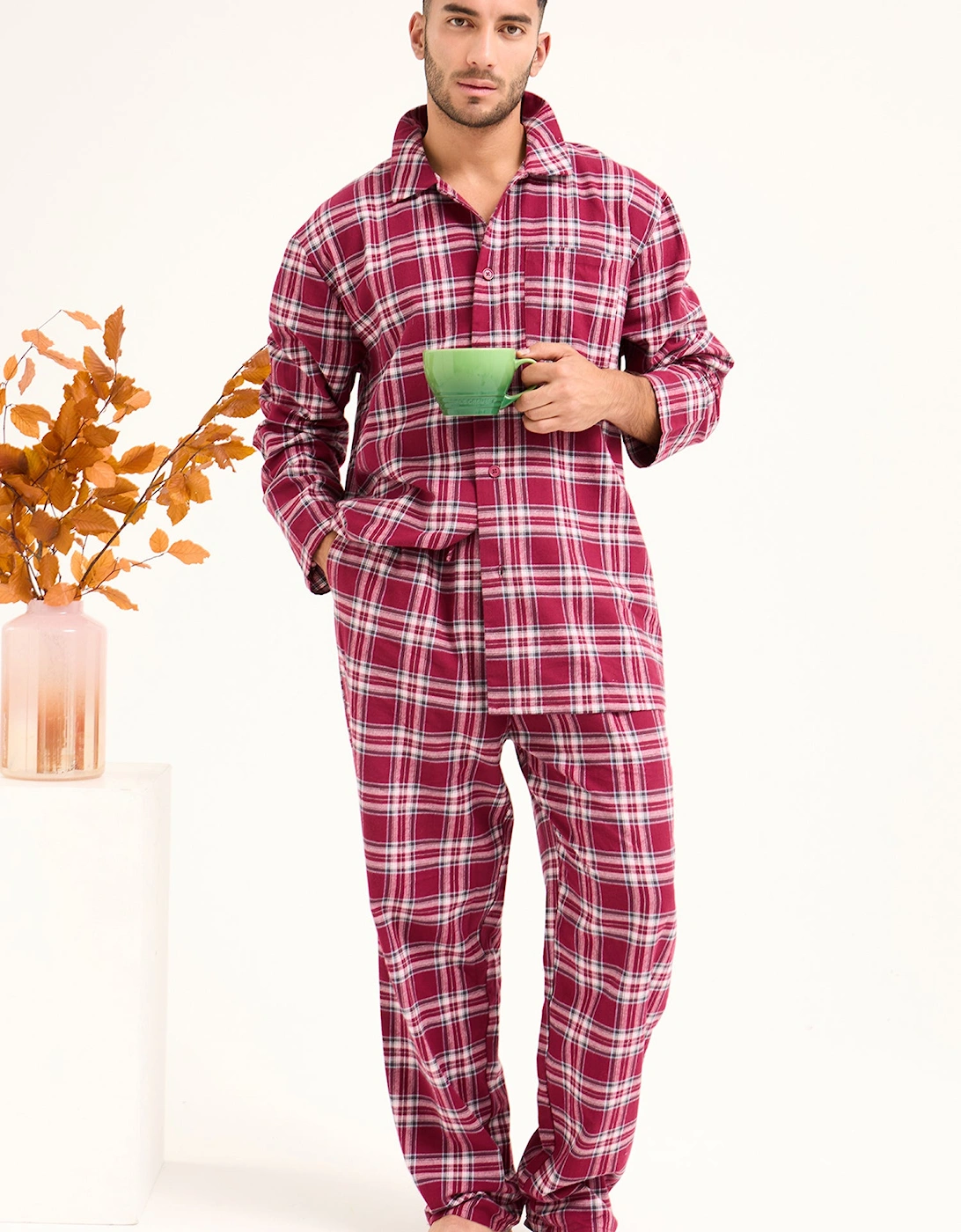 His and Hers Plaid Pyjama Sets in Bordeaux