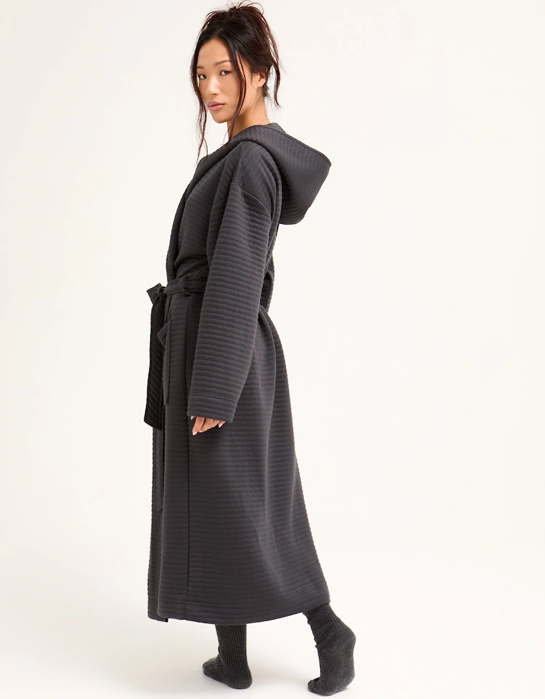 Quilted Jersey Hooded Robe in Charcoal