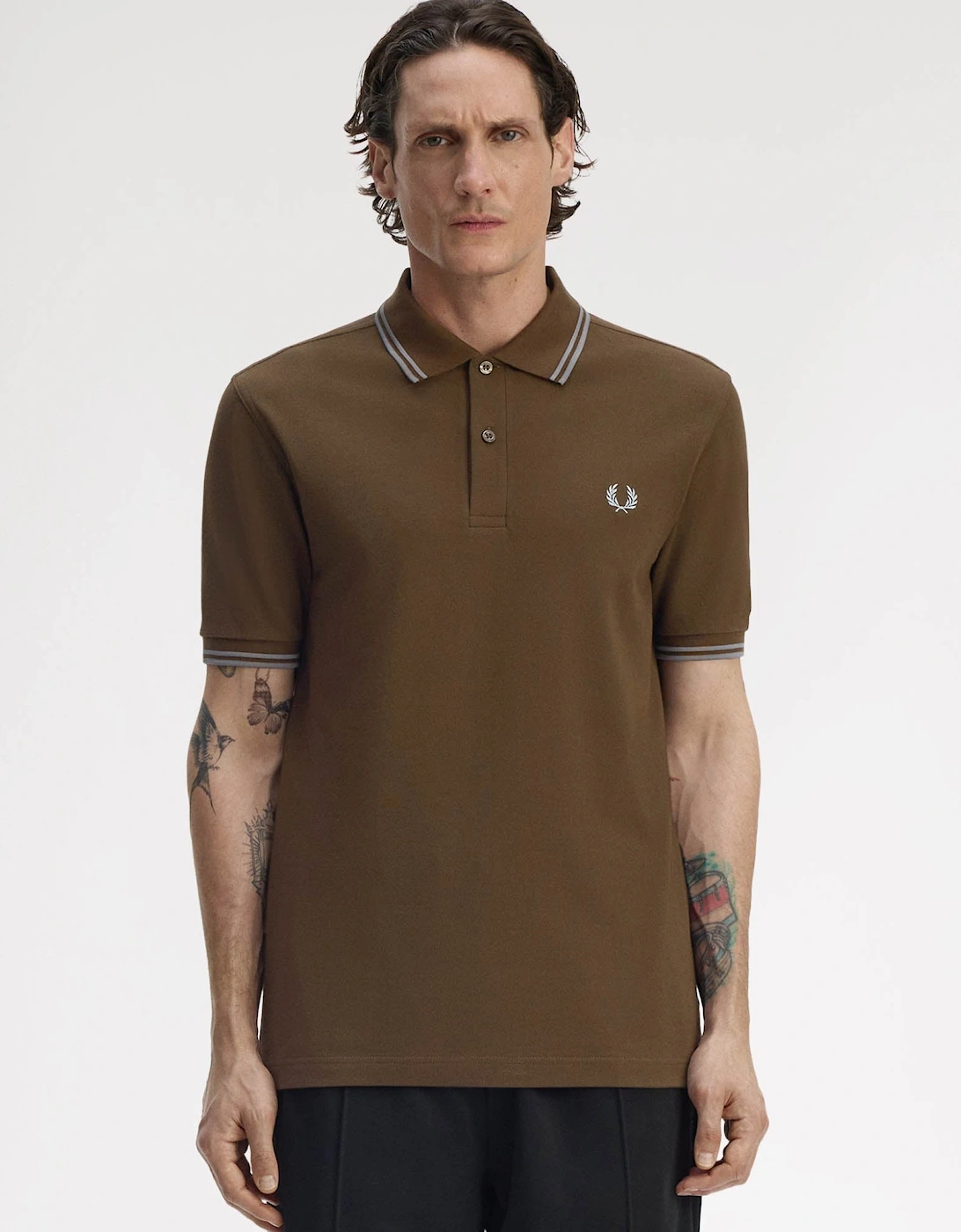 Fred Perry Men's Tan Twin Tipped Signature Polo Shirt - Burnt Tobacco/Stockport Blue 49A - : 42 Xl