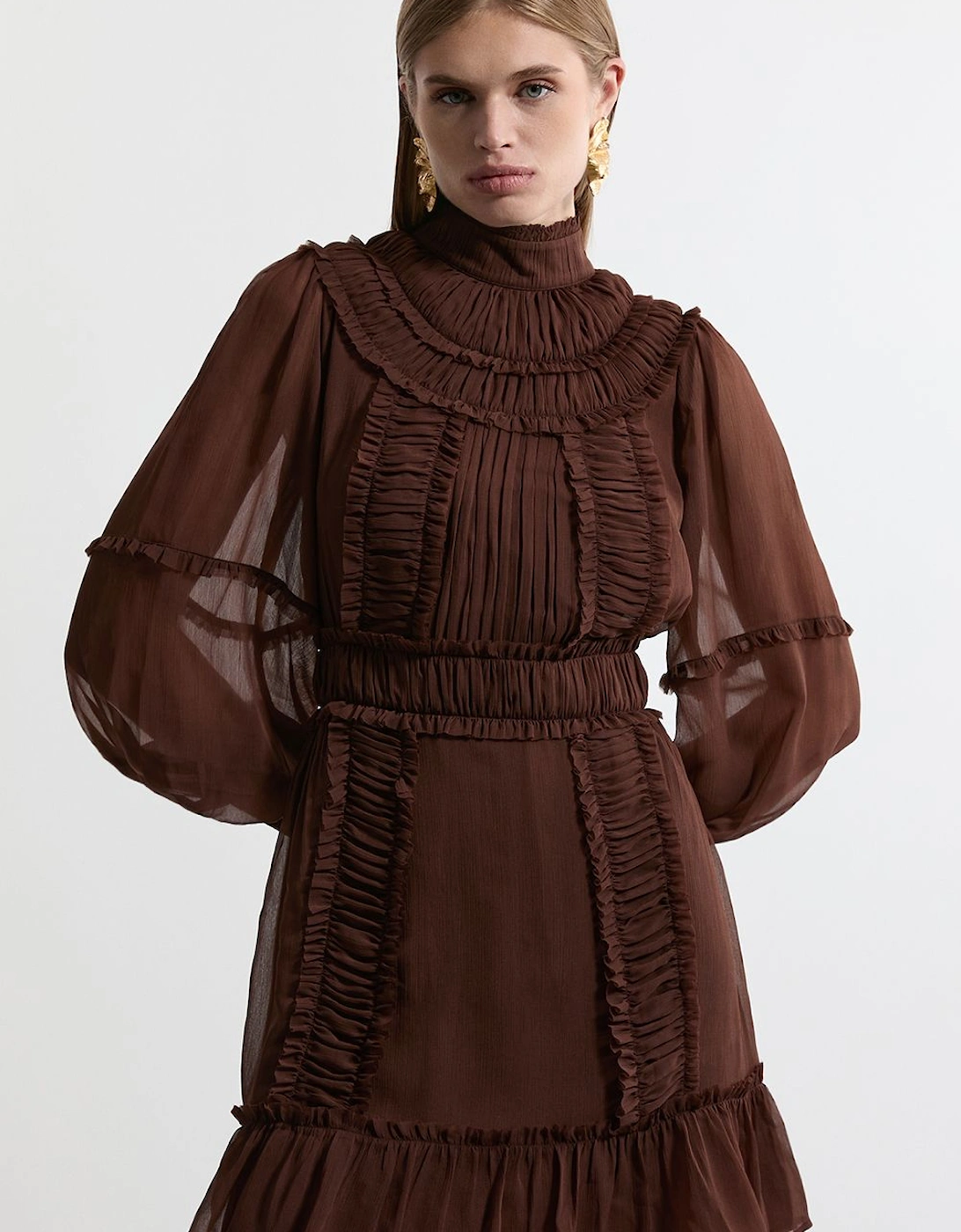 Petite Pleat Crinkle High Neck Drama Sleeve Woven Mini Dress, 2 of 1