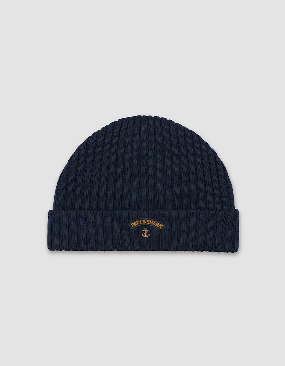 Men's Paul & Shark Ribbed Wool Beanie with Anchor Badge - Navy - Size: ONE size