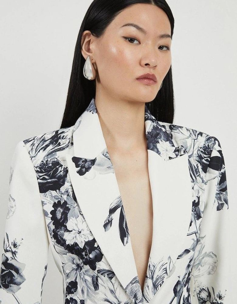 Tailored Crepe Printed Mono Floral Single Breasted Blazer
