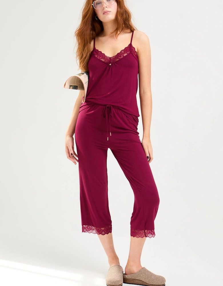 Bamboo Lace Cami Cropped Trouser Pyjama Set in Bordeaux
