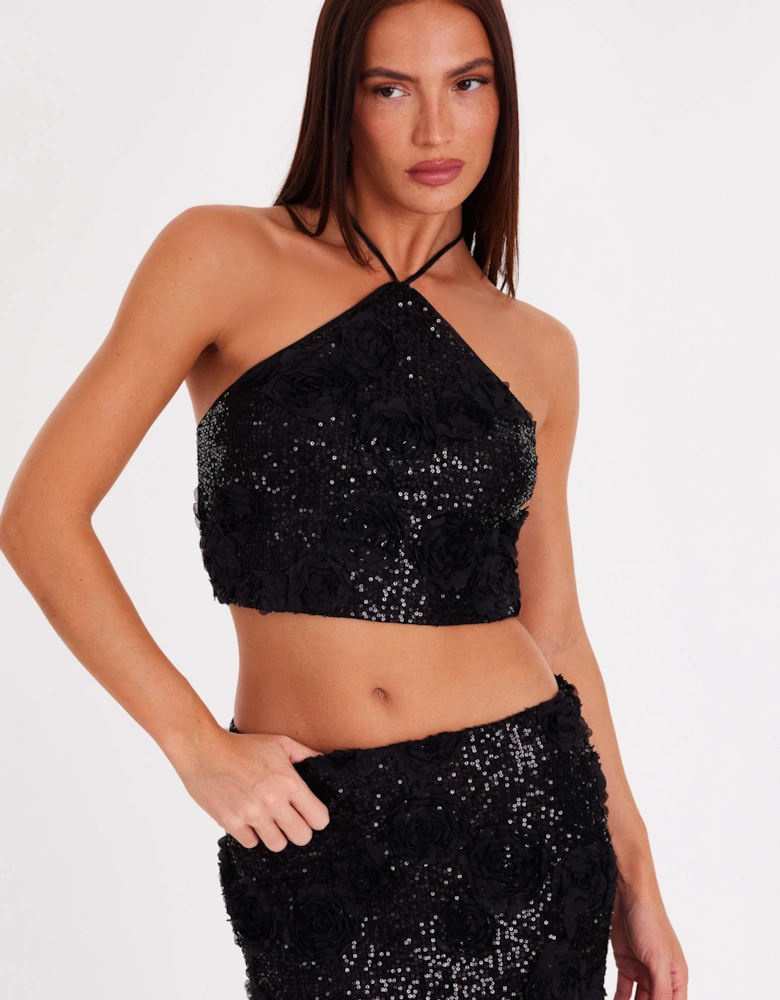 Black Sequin Floral Halter Top