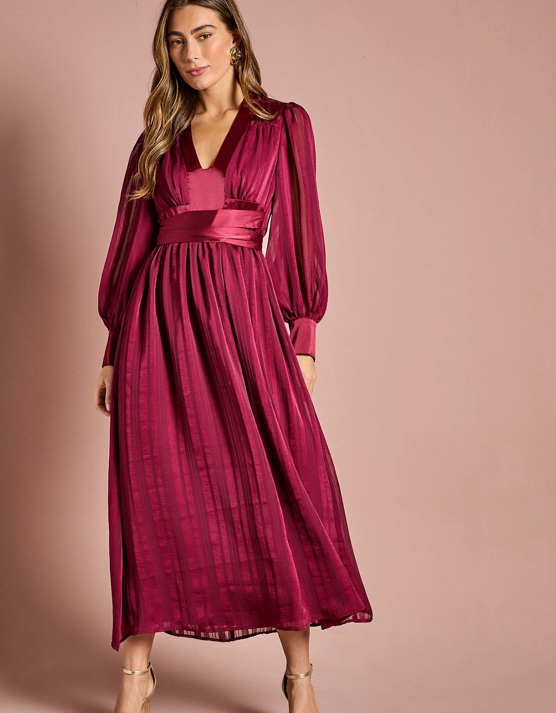 Long Sleeve Stripe Jacquard Maxi V Neck Dress, 2 of 1