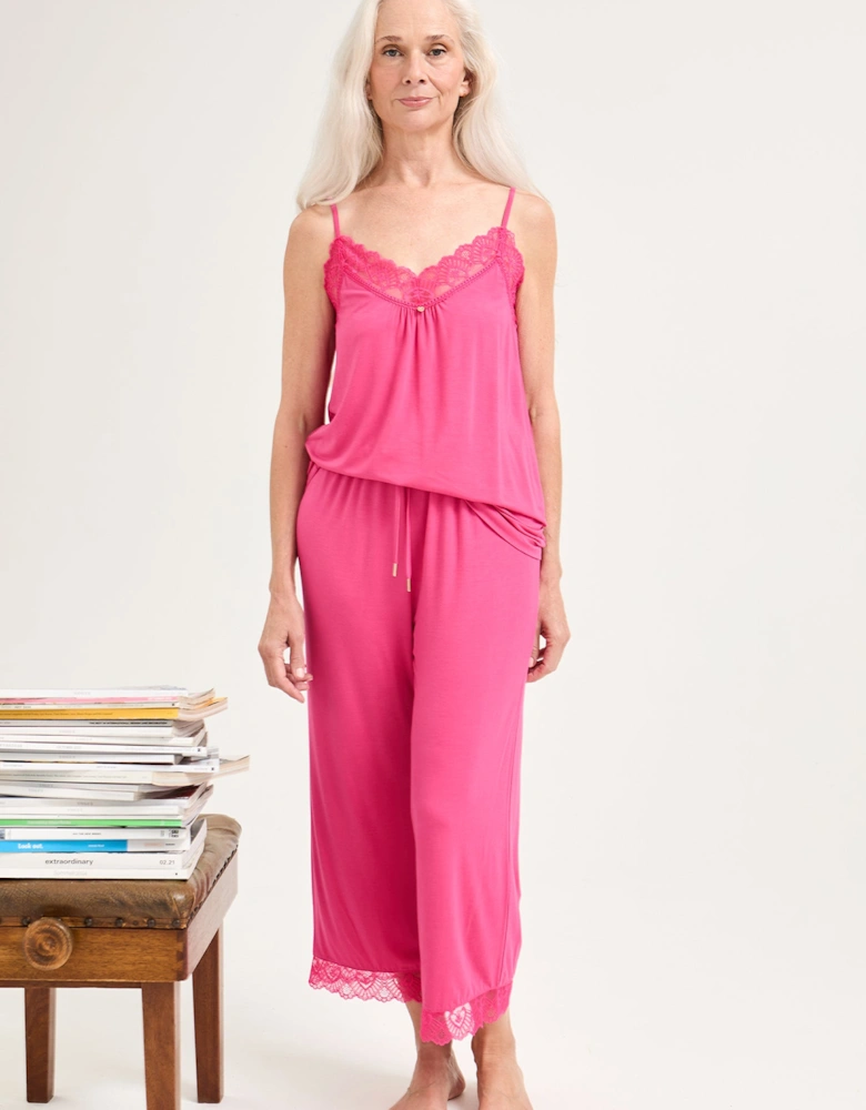 Bamboo Lace Cami Cropped Trouser Pyjama Set in Raspberry