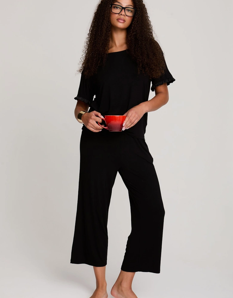 Bamboo Frill Tee Trouser Set in Black