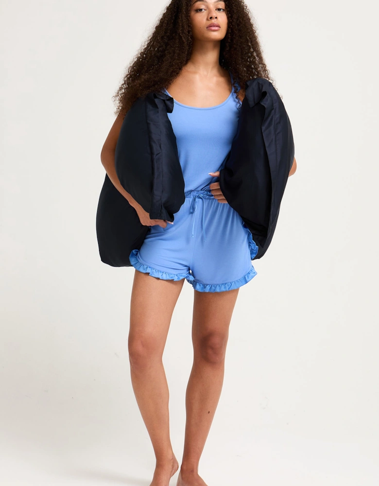 Bamboo Frill Cami Short Pyjama Set in Cornflower Blue