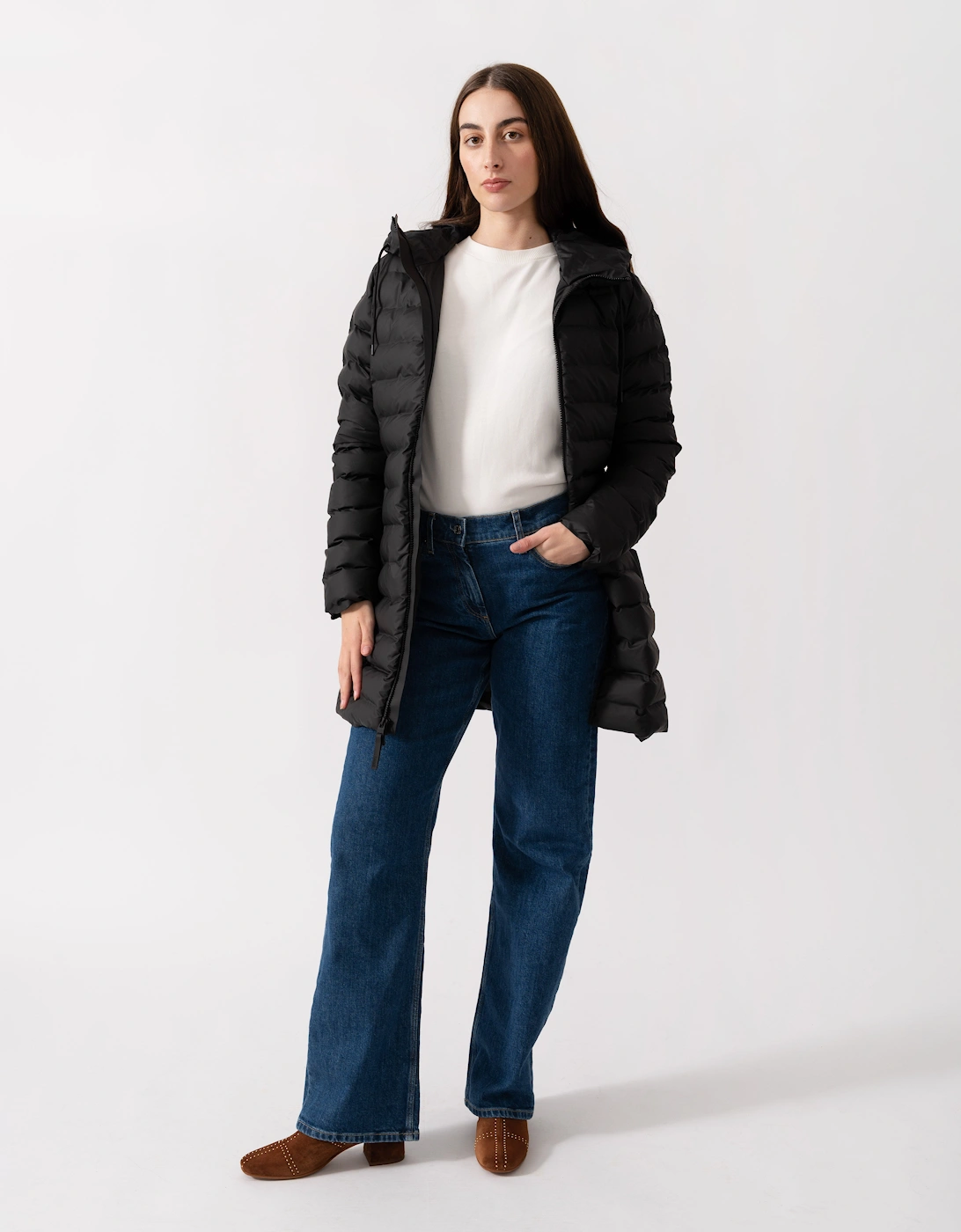 Rains Women's Black Lohja Long Puffer Curve Jacket - 01 - Size: 12
