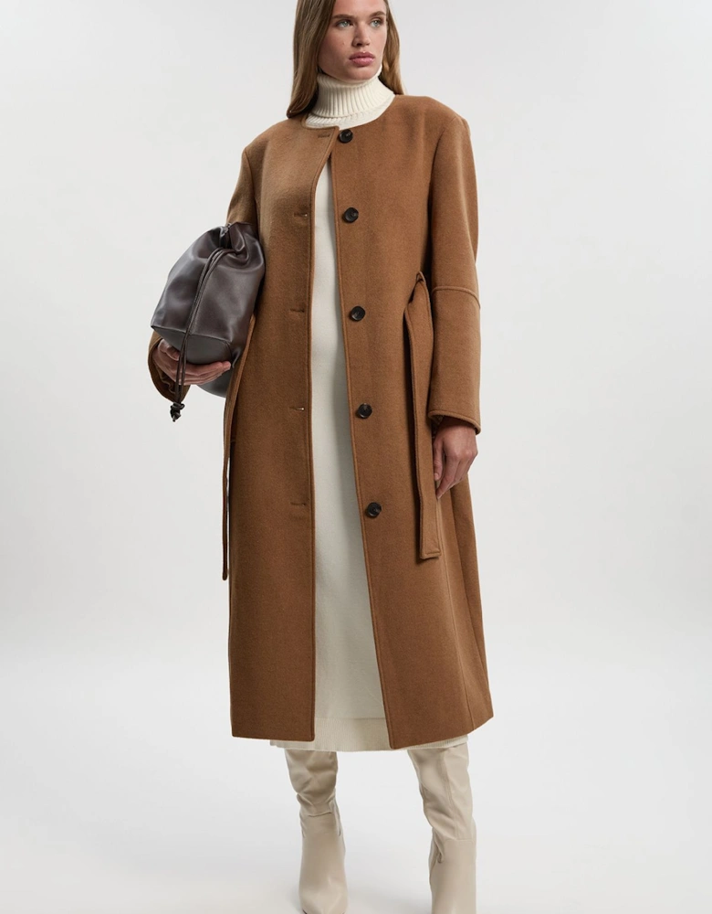 Brushed Wool Single Breasted Belted Tailored Maxi Coat