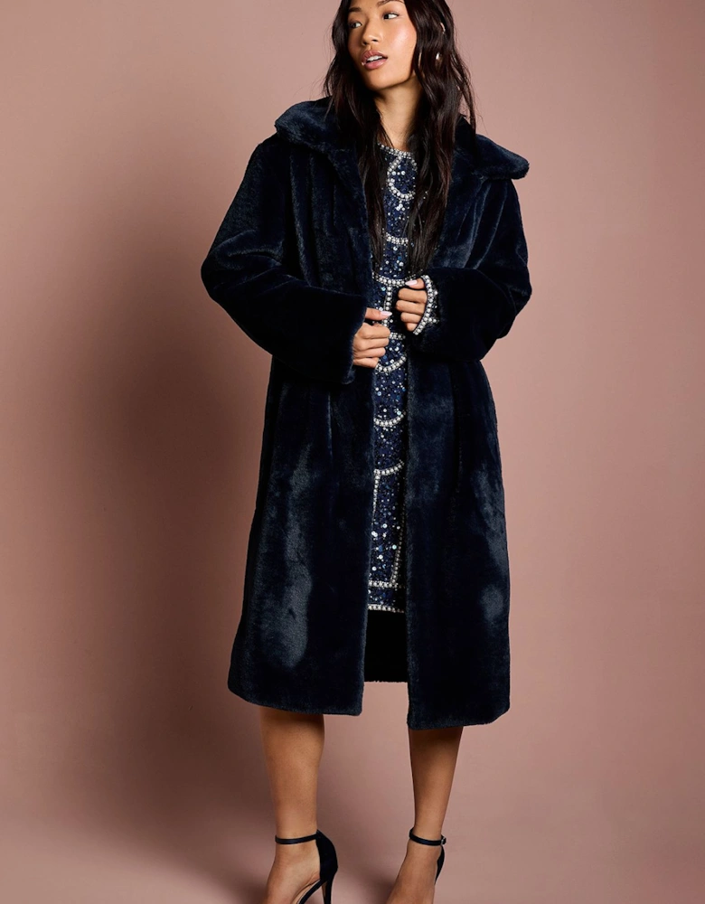 Navy Faux Fur Longline Collared Coat