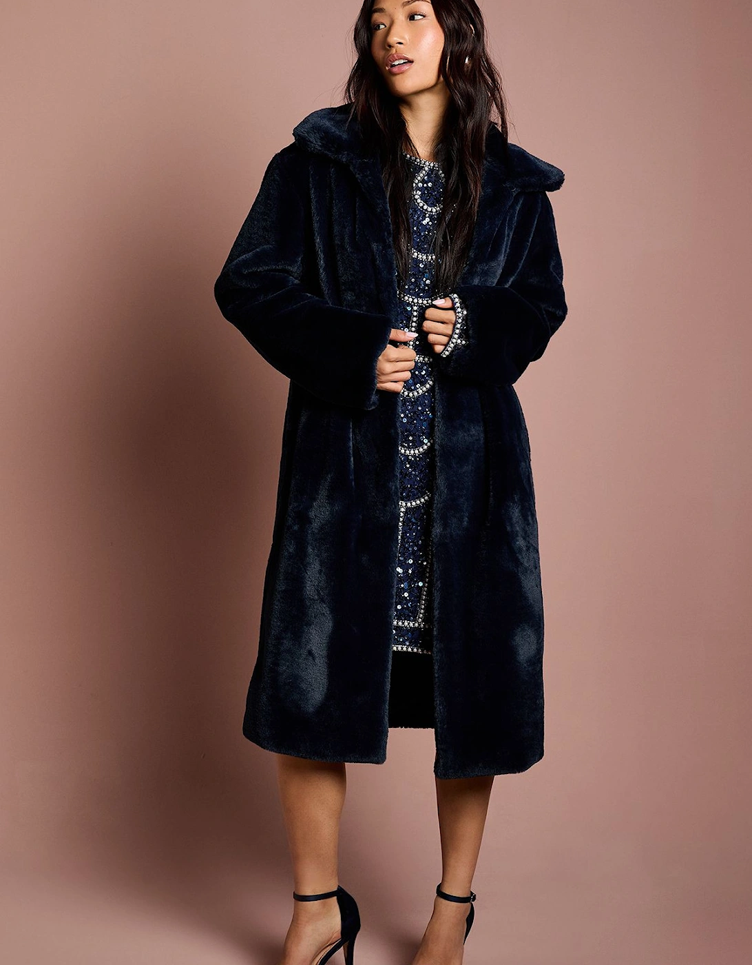 Navy Faux Fur Longline Collared Coat, 2 of 1