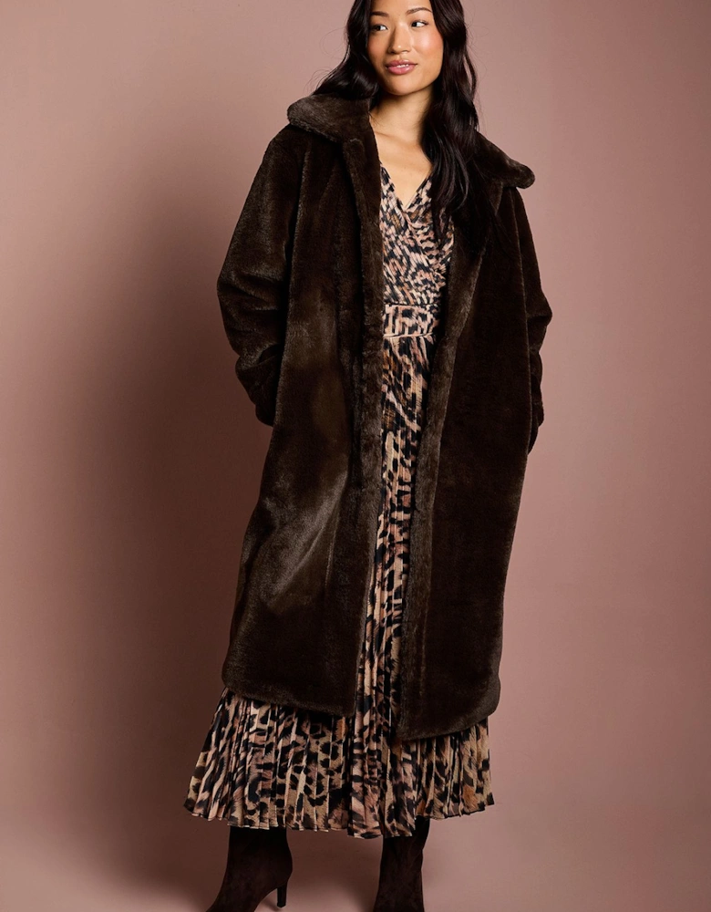 Chocolate Faux Fur Longline Collared Coat