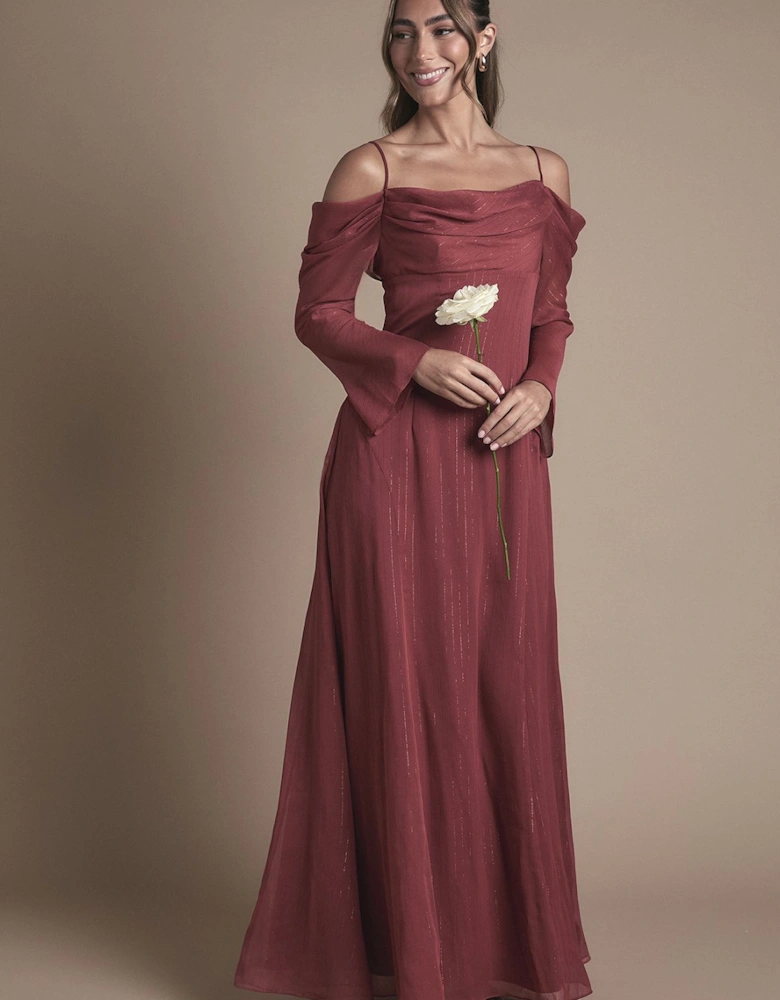 Long Sleeve Cold Shoulder Ruffle Detail Maxi Bridesmaid Dress