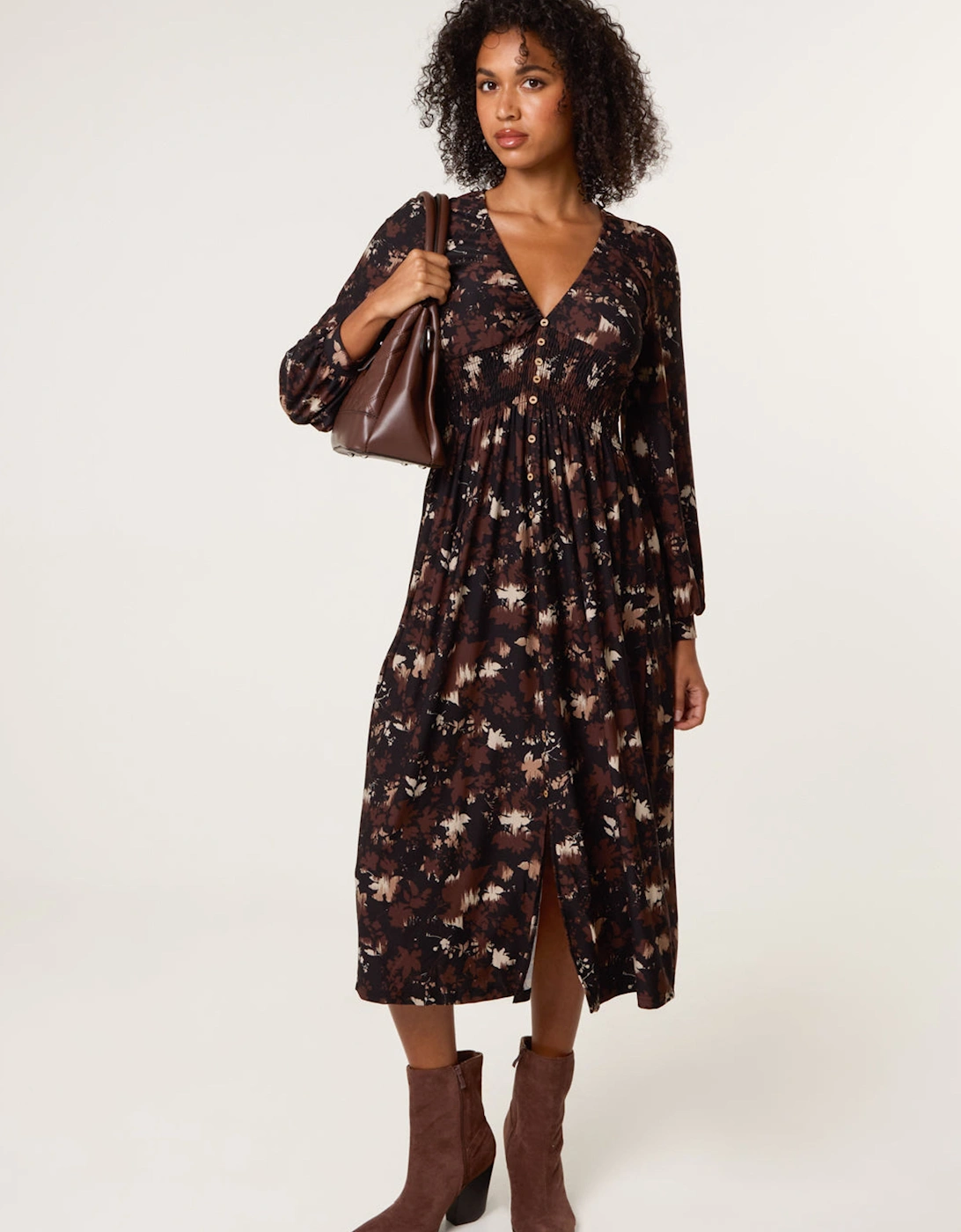 Brown Button Front Midi Dress, 2 of 1