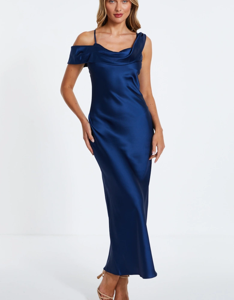 Navy Satin Cold Shoulder Midaxi Dress