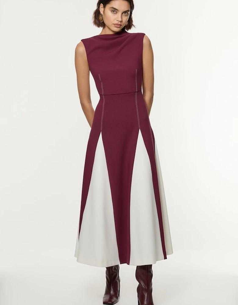 Compact Stretch Tailored Colour Block Full Skirted Midi Dress