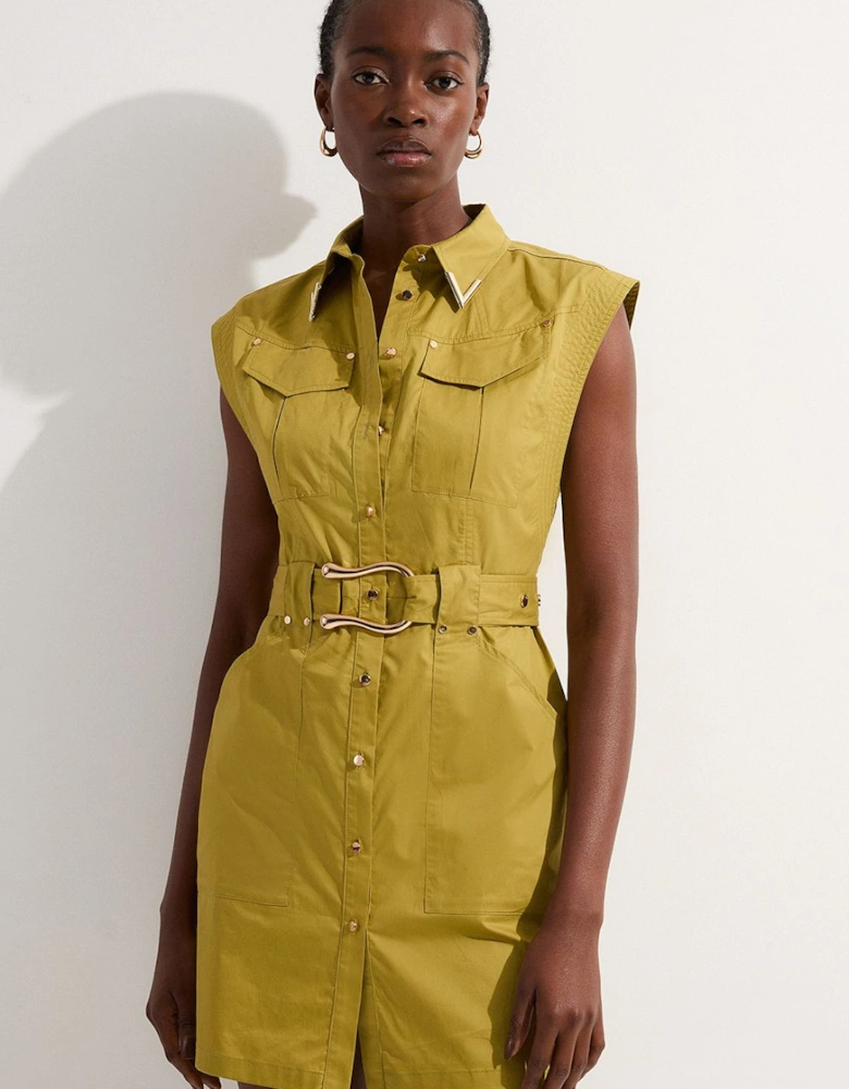 Cotton Sateen Utility Top Stitch Detail Woven Dress With Gold Hardware