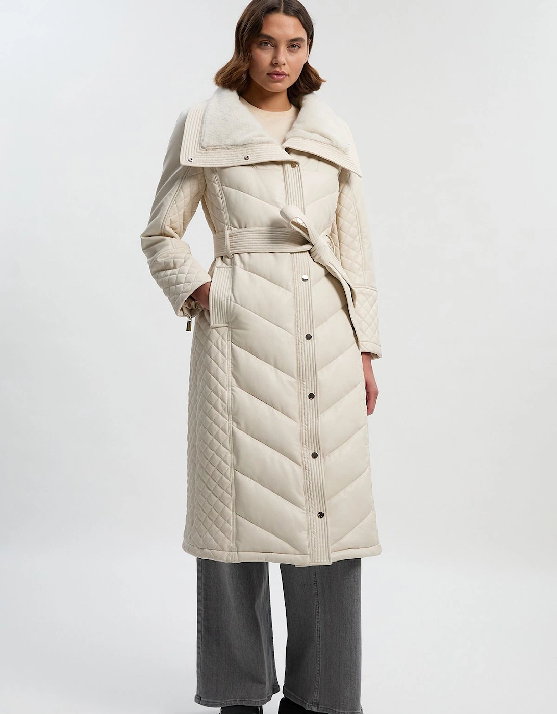 Padded Faux Leather & Faux Fur Mix Midi Coat, 2 of 1