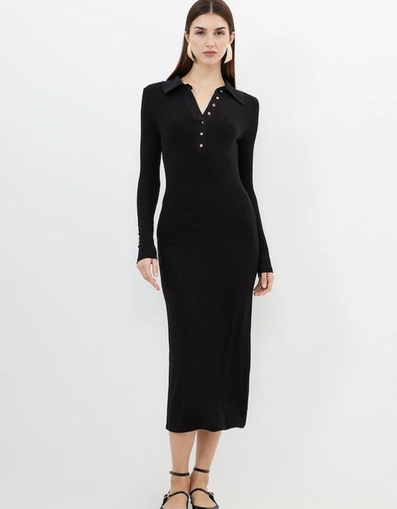 Viscose Rib Jersey Long Sleeve Collared Midi Dress