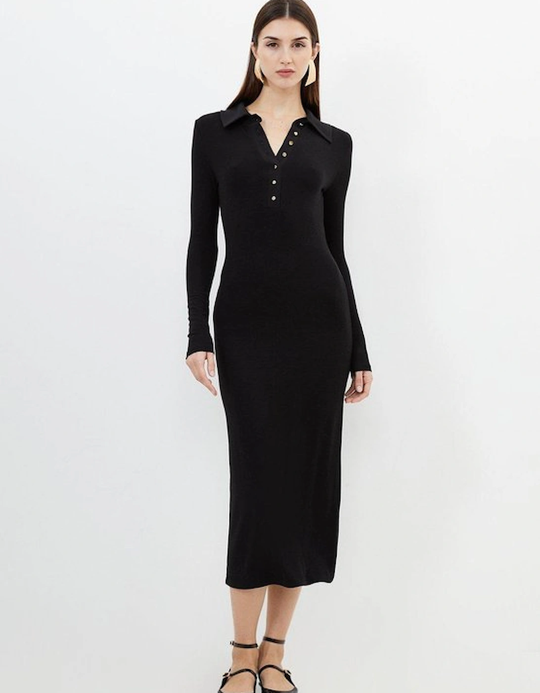 Viscose Rib Jersey Long Sleeve Collared Midi Dress, 5 of 4