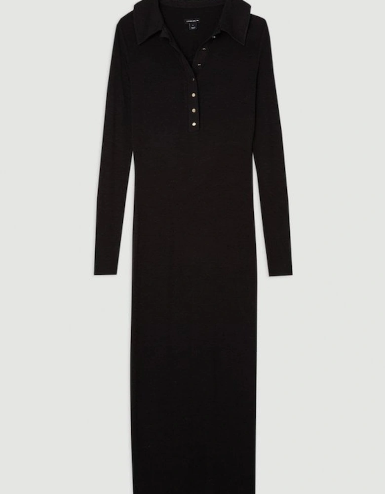 Viscose Rib Jersey Long Sleeve Collared Midi Dress