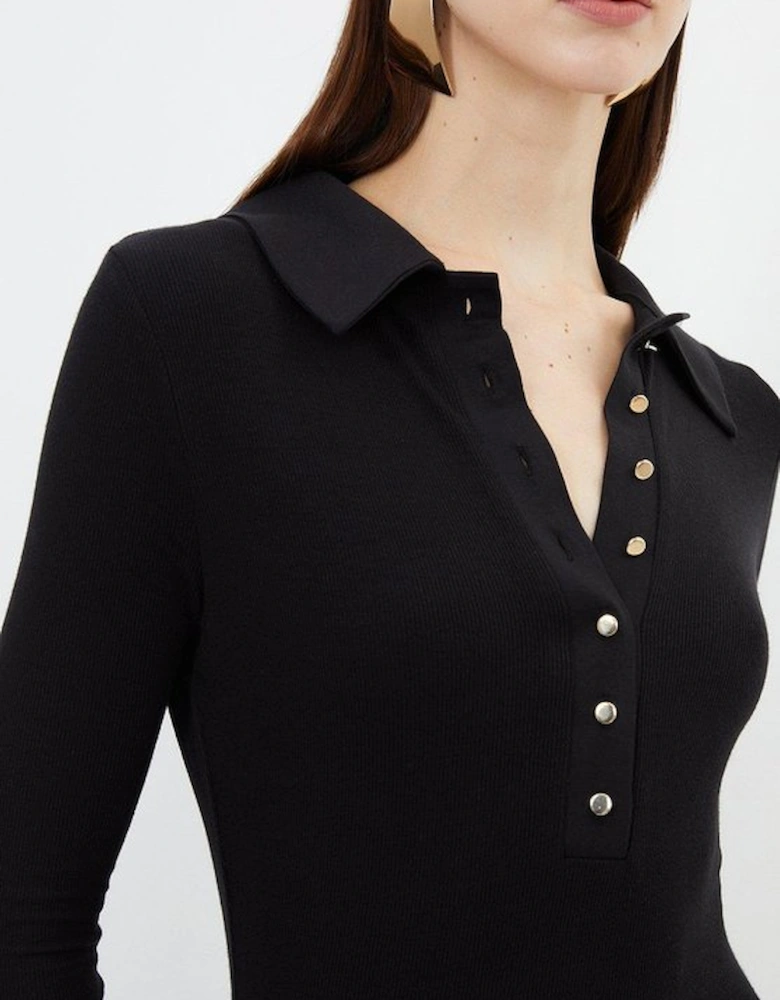 Viscose Rib Jersey Long Sleeve Collared Midi Dress