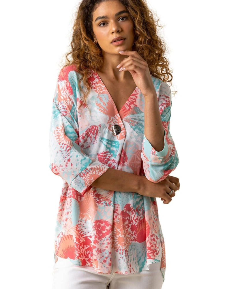 Shell Print Button Detail Kimono Tunic Top