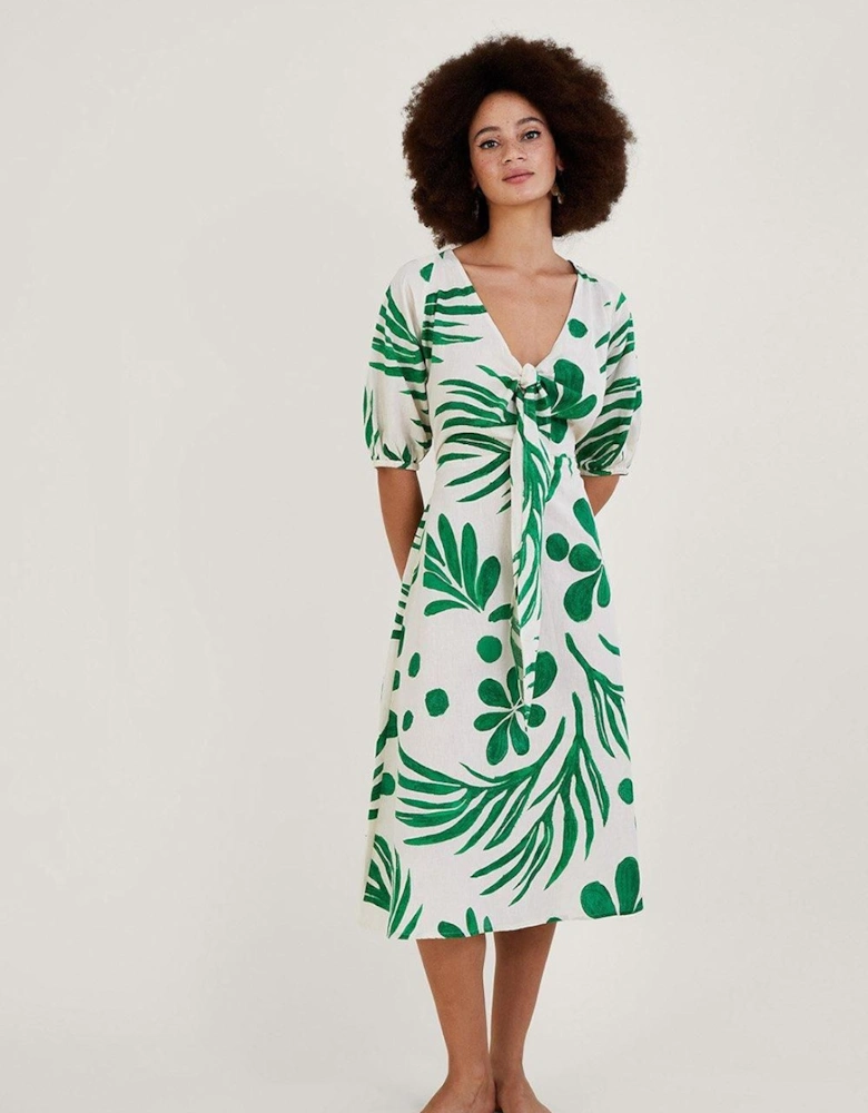 Abstract Palm Print Tie Front Midi Dress