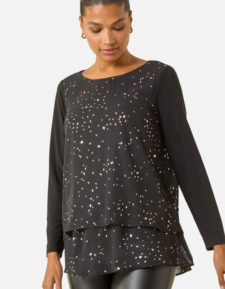 Foil Print Chiffon Overlay Tunic Top