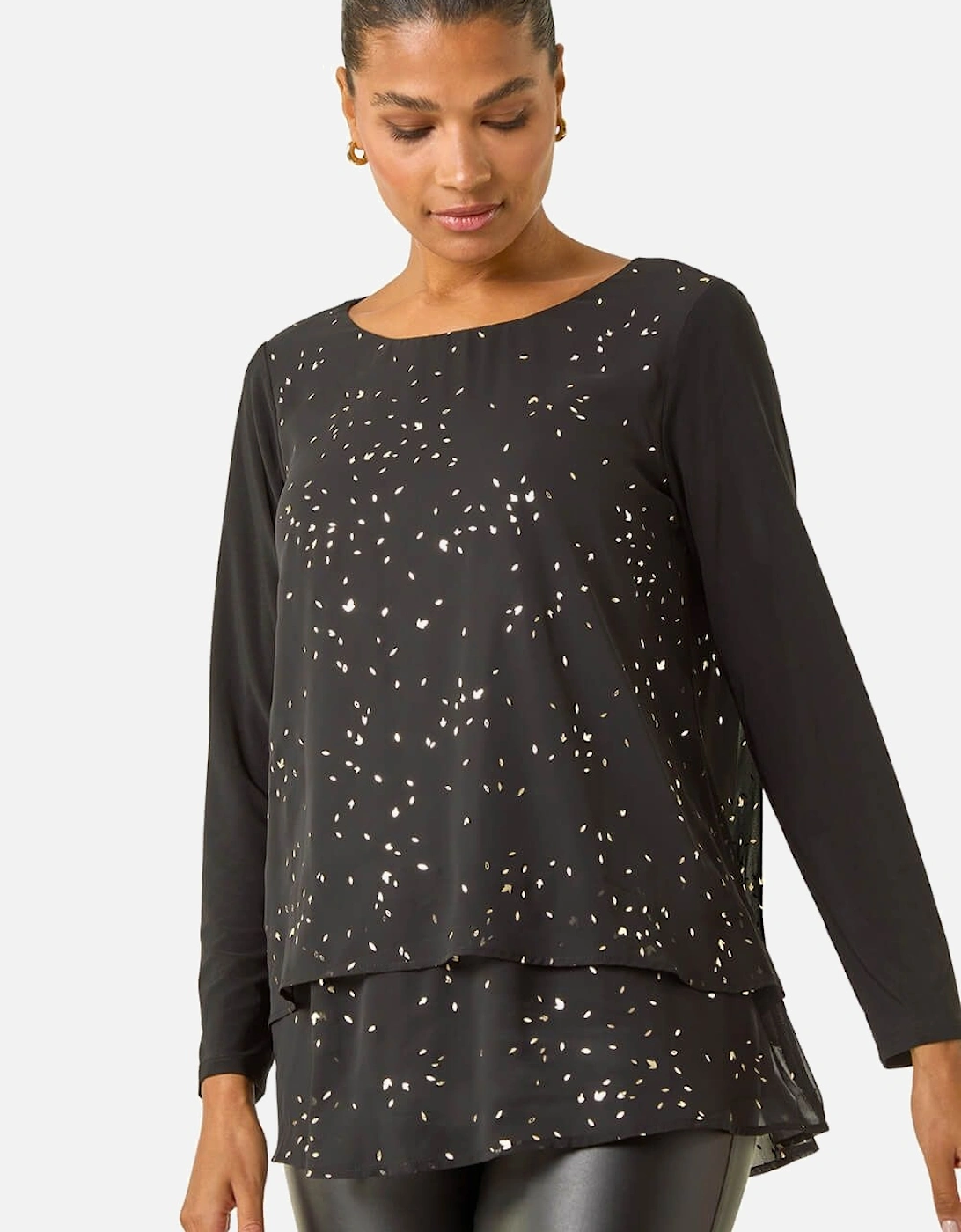 Foil Print Chiffon Overlay Tunic Top, 2 of 1