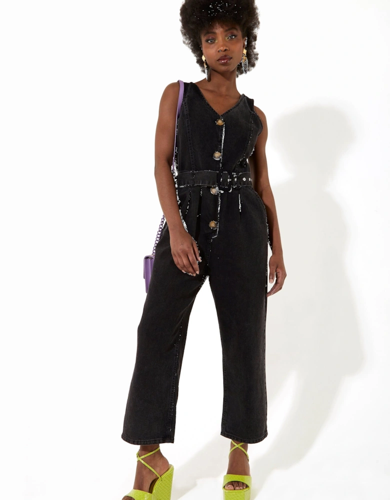 Black 90’s Look Denim Jumpsuit With A Belt And Tortoise Shell Buttons