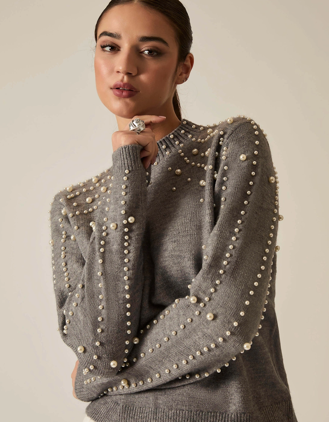 Grey Pearl Sleeve Jumper