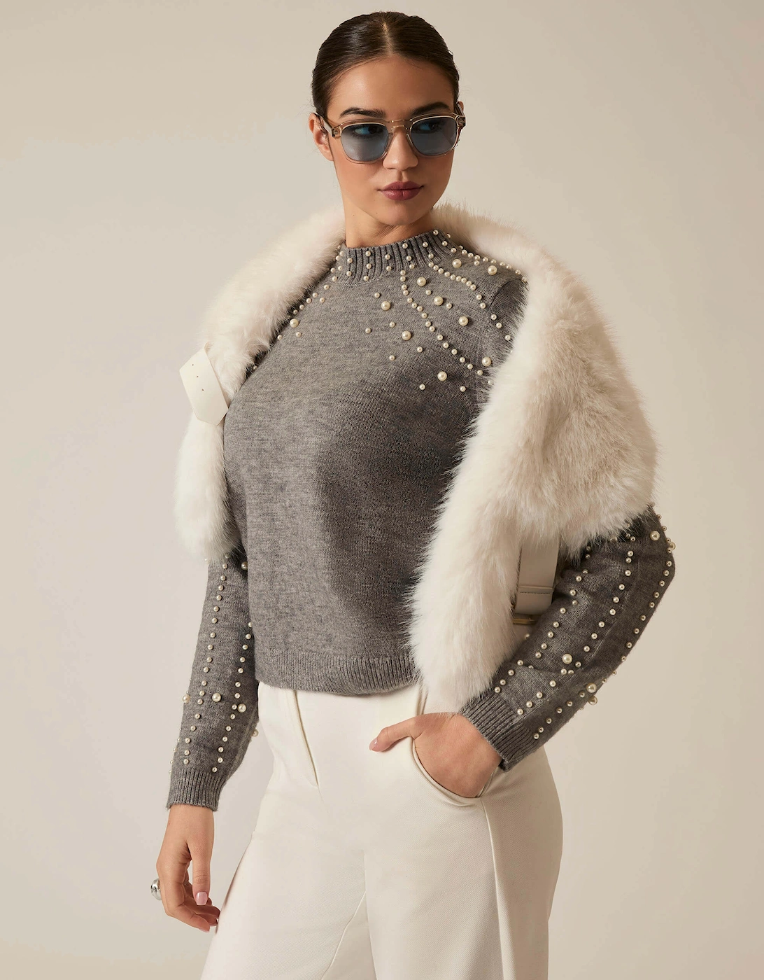 Grey Pearl Sleeve Jumper