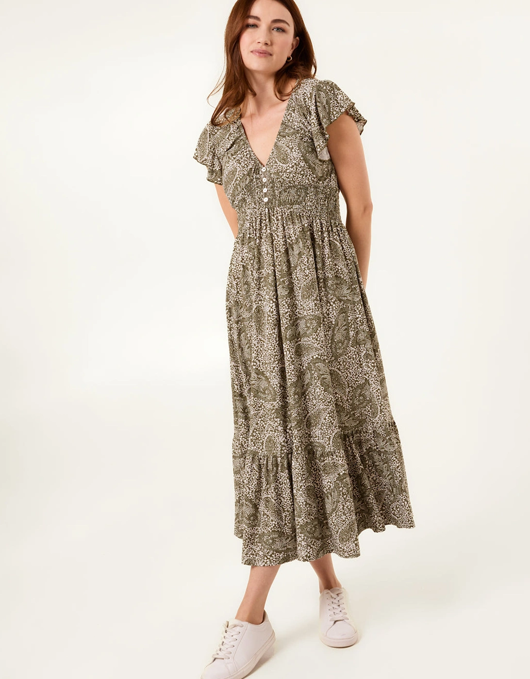 Khaki Frill Sleeve V Neck Button Front Midi Dress, 2 of 1