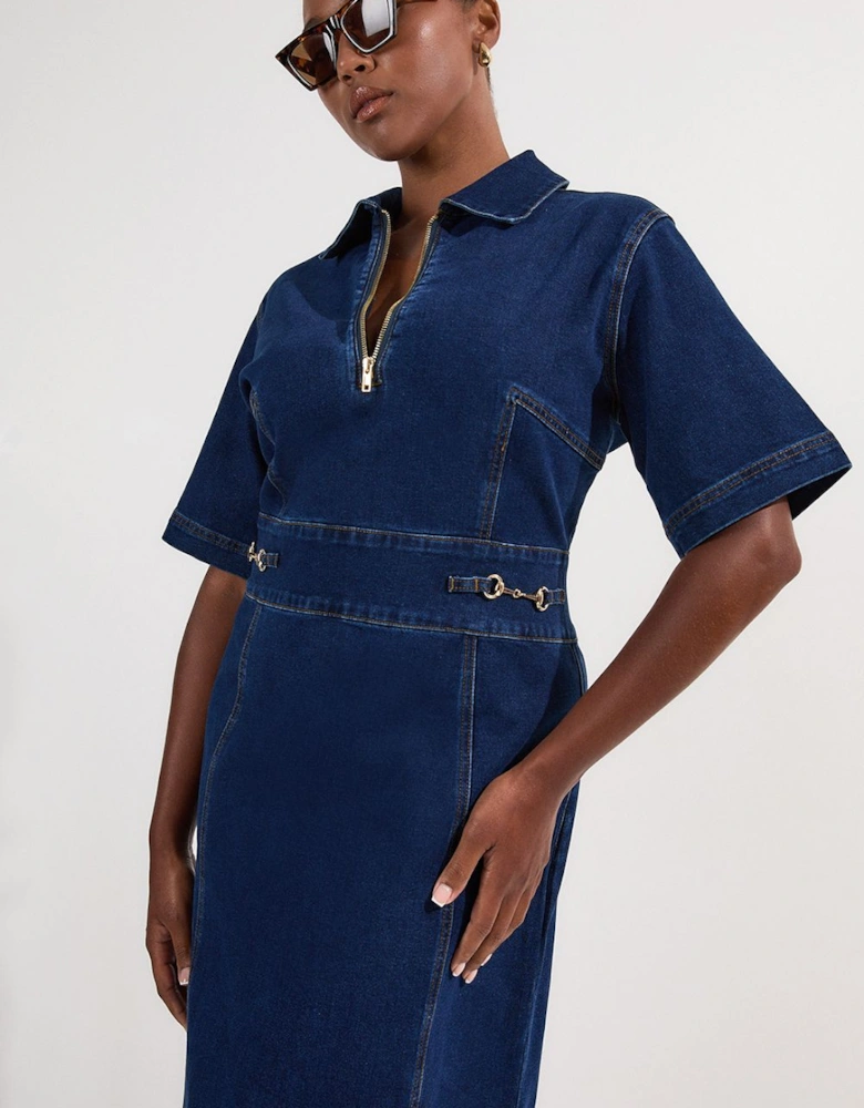 Plus Size Stretch Denim Snaffle Trim Collared Midi Dress
