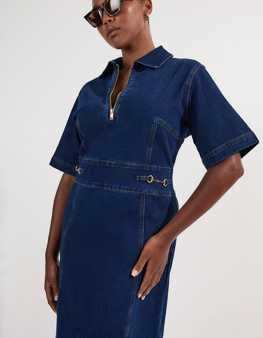 Plus Size Stretch Denim Snaffle Trim Collared Midi Dress, 2 of 1