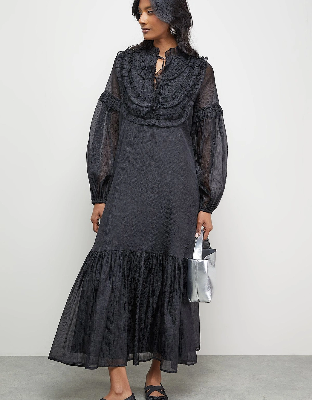 Premium Crinkle Stripe Organza Frill Pleat Detail Midi Dress, 2 of 1