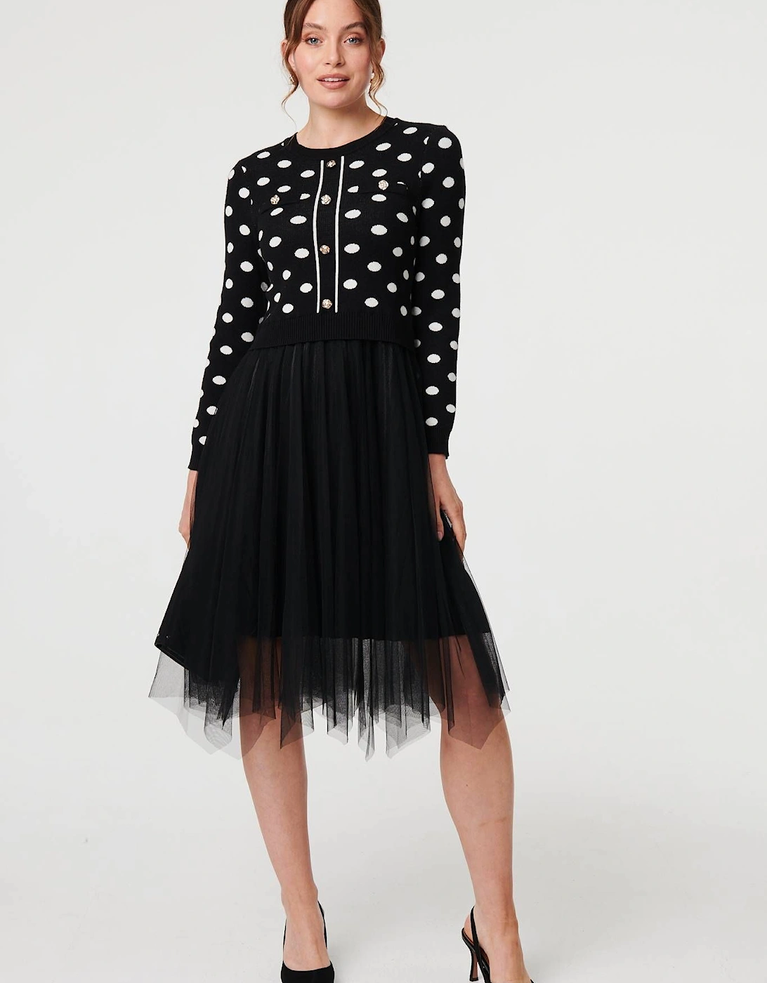 Polka Dot Semi Sheer Mesh Midi Dress, 2 of 1
