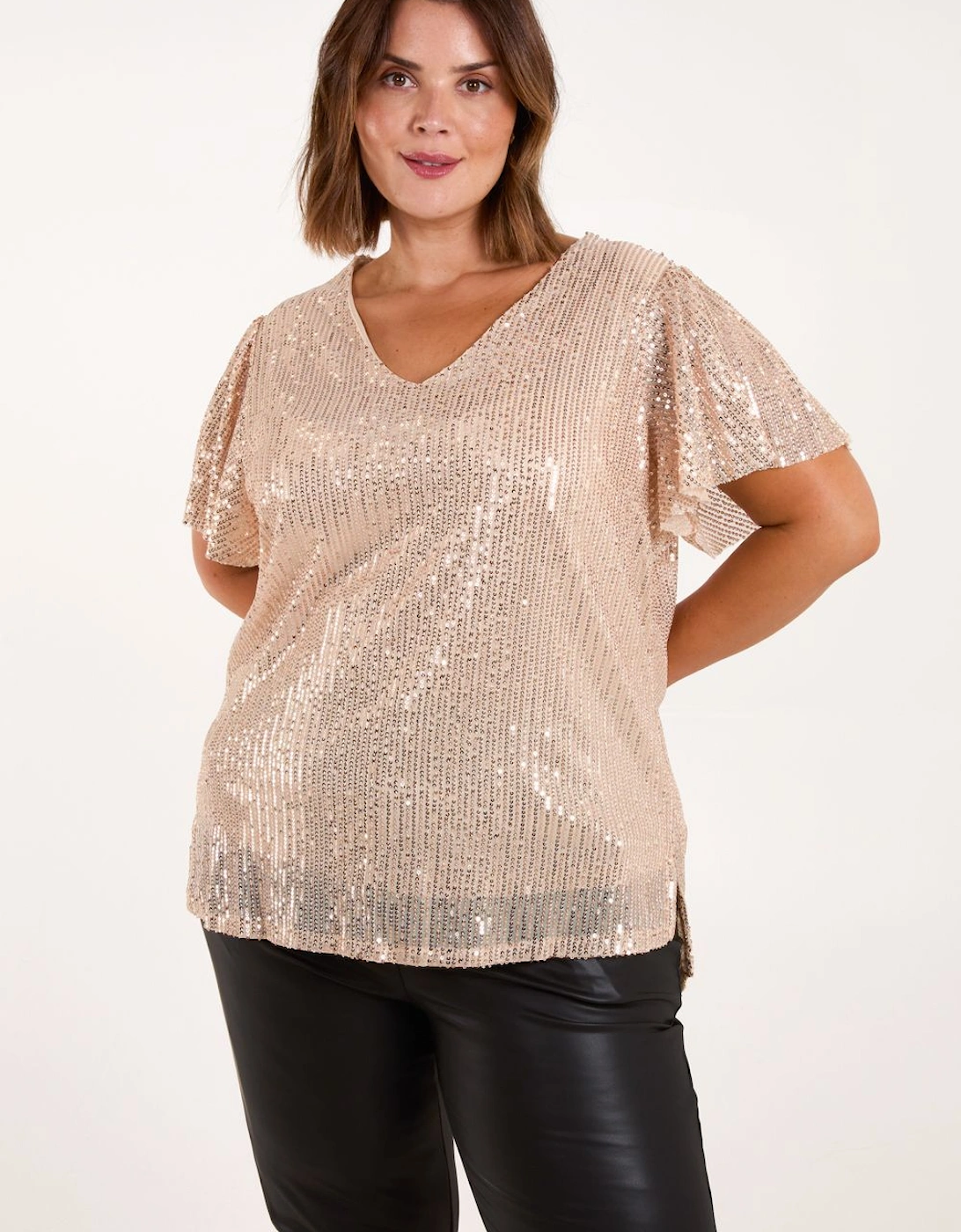Curve Angel Sleeve V-Neck Sequin Top, 2 of 1